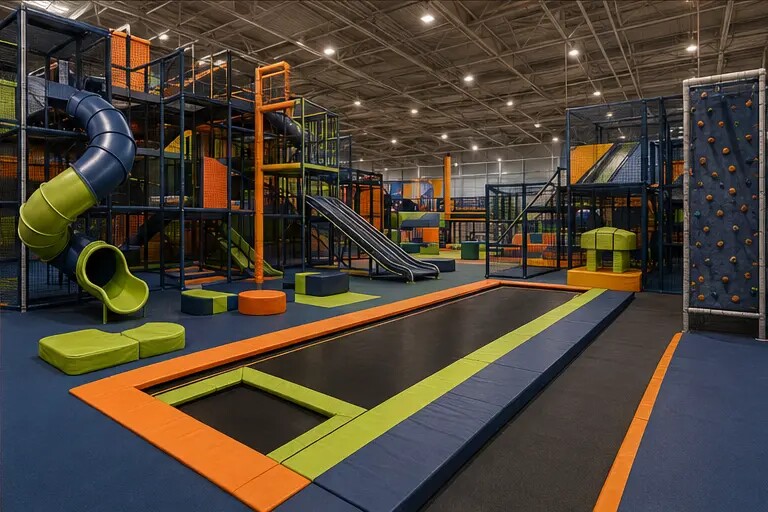 Redaktionelle Illustration eines kombinierten Indoorspielplatzes mit JumpHall
