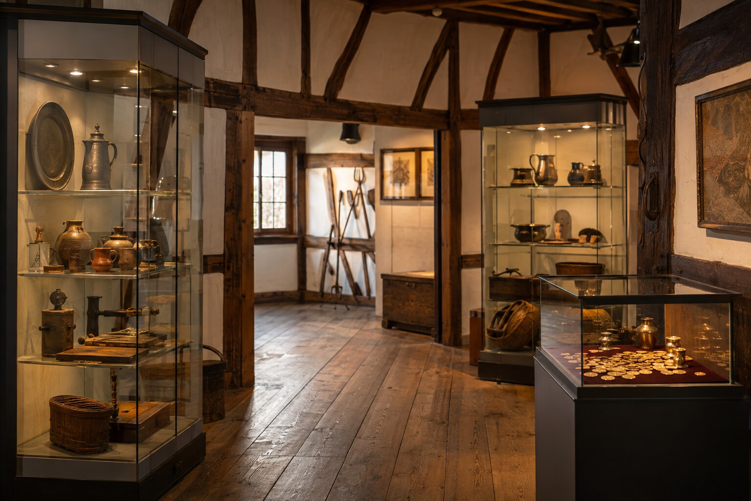 Redaktionelle Illustration eines historischen Stadtmuseums mit beleuchteten Vitrinen