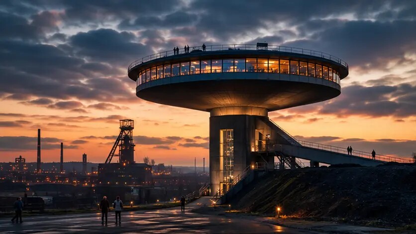 Redaktionelle Illustration eines UFO-förmigen Aussichtsbauwerks auf einem Zechengelände
