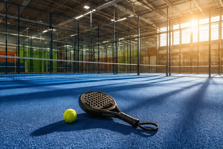 Redaktionelle Illustration eines modernen Padel-Courts mit Schläger und Ball