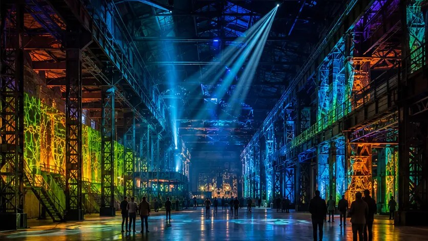 Redaktionelle Illustration immersiver Lichtkunst in einer Industriehalle
