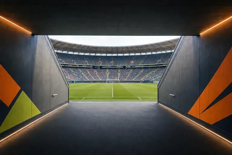 Redaktionelle Illustration eines Spielertunnels mit Blick in ein Fußballstadion