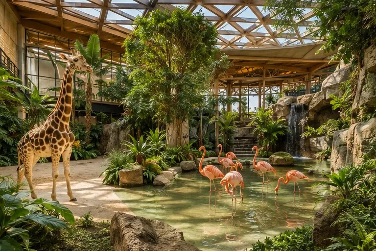 Redaktionelle Illustration eines grünen Zoobereichs mit Giraffe und Flamingos